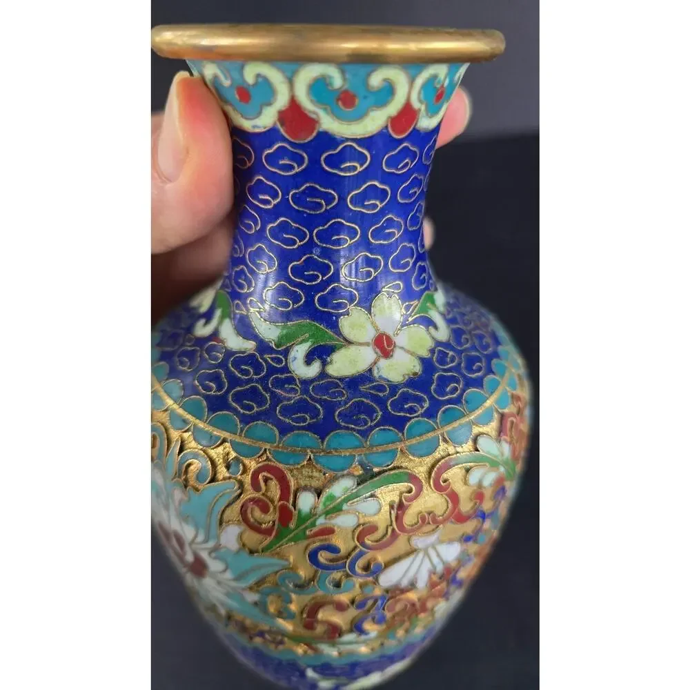 Antique Cloisonne Blue Brass Flower 7